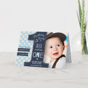 Modern light blue & black one year dots invitation