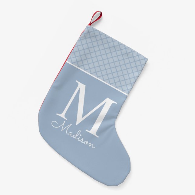 Modern light blue chequered pattern name monogram small christmas stocking (Front (Hanging))
