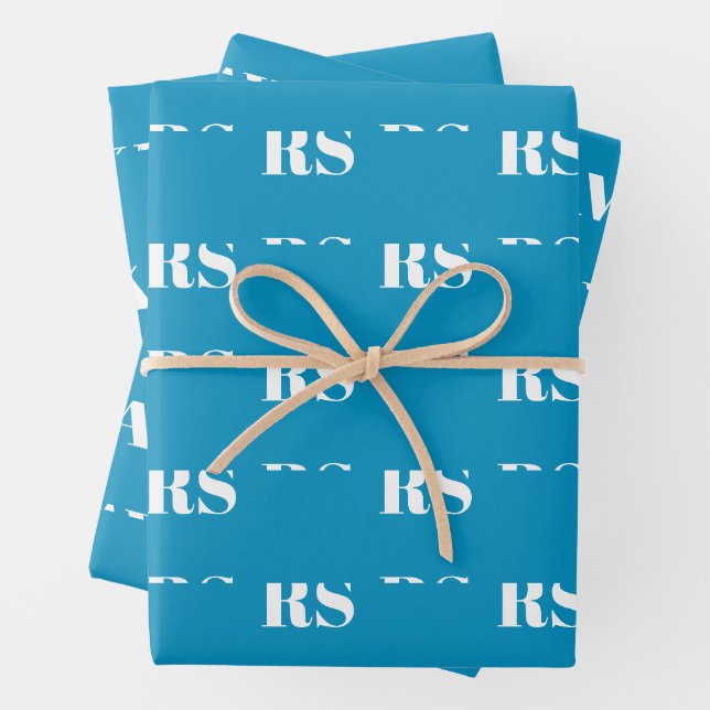 Modern light blue custom monogram initial pattern wrapping paper sheet (In situ)