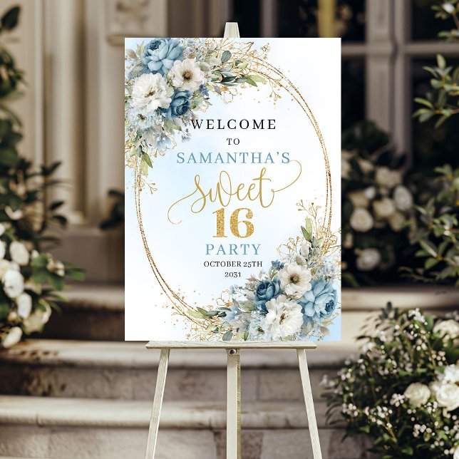 Modern Light Blue Flowers Sweet 16 Welcome Poster (Modern Light Blue Flowers Sweet 16 Welcome Poster)