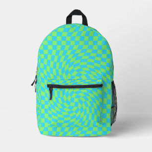 Modern Light Blue & Green Warped Chequered Pattern Printed Backpack