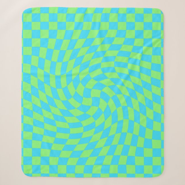 Modern Light Blue & Green Warped Chequered Pattern Sherpa Blanket (Front)