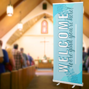 Modern Light Blue Leaves Church Welcome Glad Retractable Banner