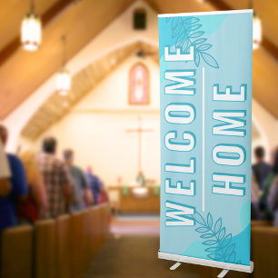 Modern Light Blue Leaves Church Welcome Home Retractable Banner
