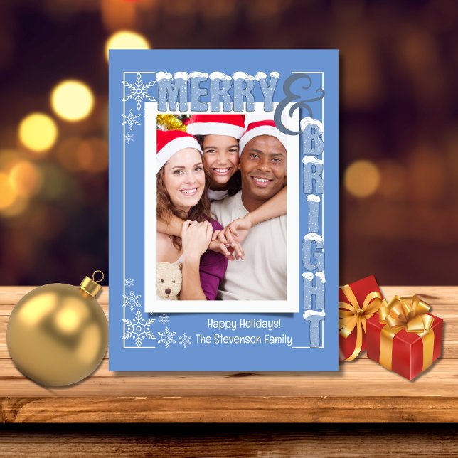 Modern Light Blue Merry & Bright Retro Typography Holiday Card (Creator Uploaded)