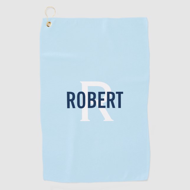 Modern light blue monogram mens name golf towel (Front)