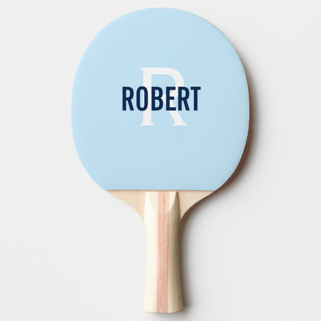 Modern light blue monogram name ping pong paddle (Front)