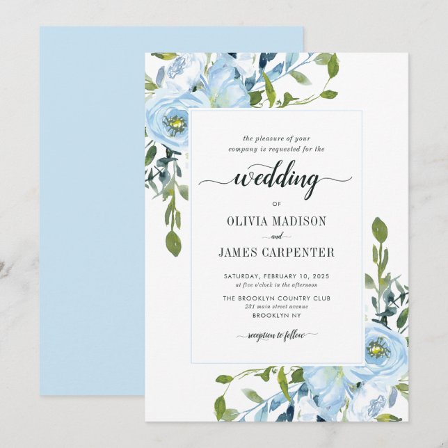 Modern Light Blue Navy Botanical Floral Wedding Invitation (Front/Back)
