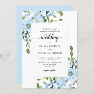 Modern Light Blue Navy Botanical Floral Wedding Invitation