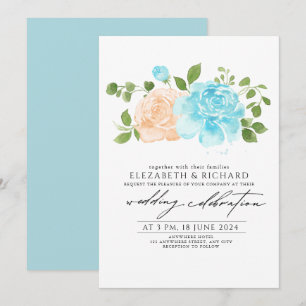 Modern Light Blue Peach  Floral Bouquet  Wedding  Invitation