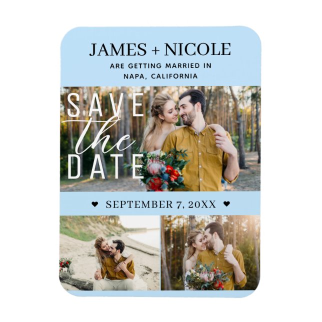 Modern Light Blue Save the Date Wedding 3 Photos Magnet (Vertical)