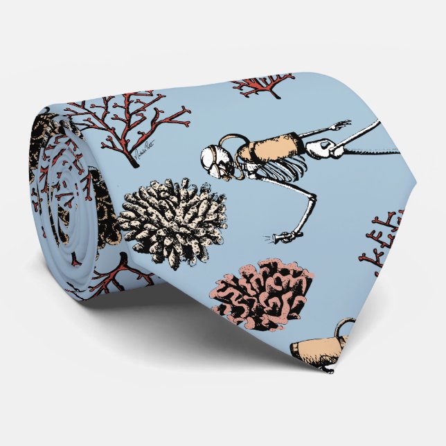 Modern Light Blue Skeleton Scuba Divers Necktie (Rolled)
