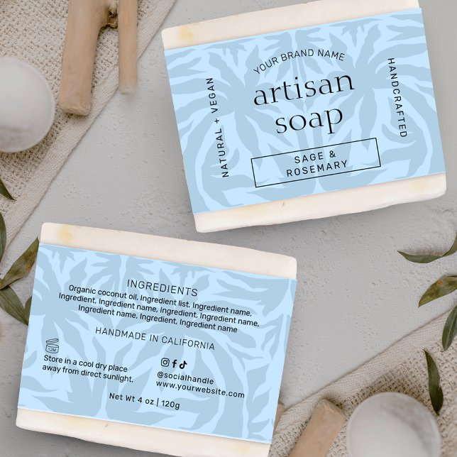 Modern Light Blue Soap Bar Wrapper Bellyband Label (Trendy light blue soap bar bellyband template with elegant serif fonts and modern layout)