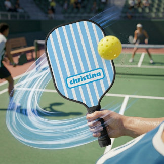 Modern Light Blue Striped Custom Name Pickleball Paddle