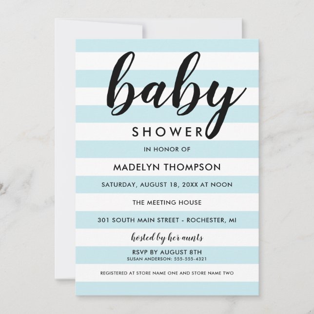 Modern Light Blue Stripes Baby Boy Shower Invitation (Front)