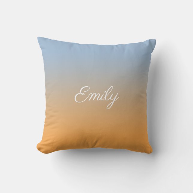 Modern Light Blue to Orange Gradient Script Name Cushion (Front)
