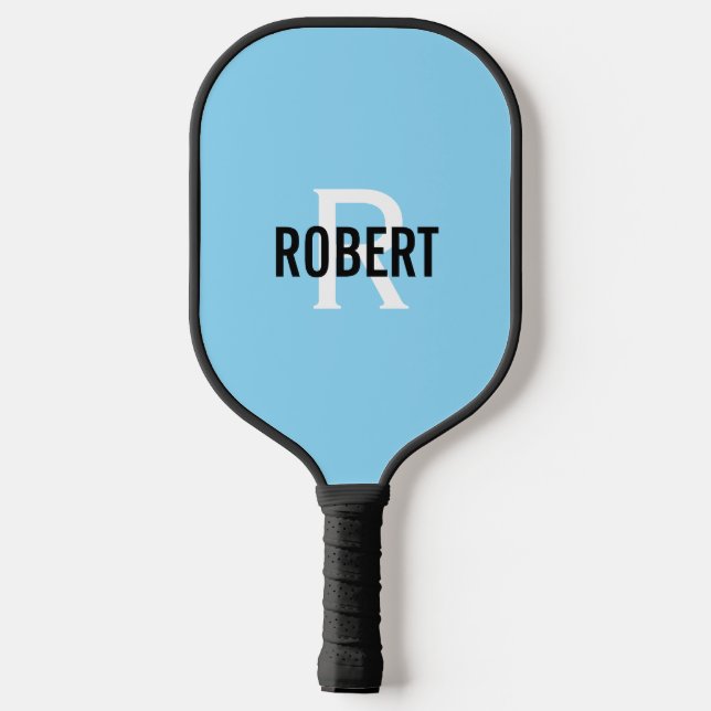 Modern light blue white monogram name mens  pickleball paddle (Back)