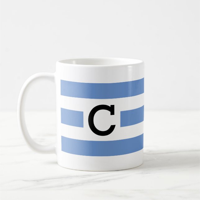 Modern Light blue white stripes monogrammed Coffee Mug (Left)