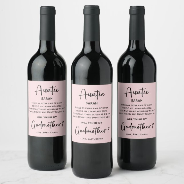 Modern Light Blush Pink Godmother Proposal Wine Label (Bottles)