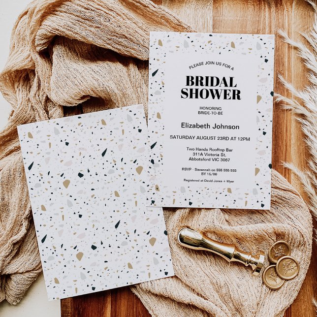 Modern Light Colored Terrazzo Bridal Shower Invitation (Light colored terrazzo themed bridal shower invitation featuring some black text and off white frame)