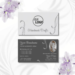 Modern Light Dark Grey Ornate with Logo and Photo Business Card