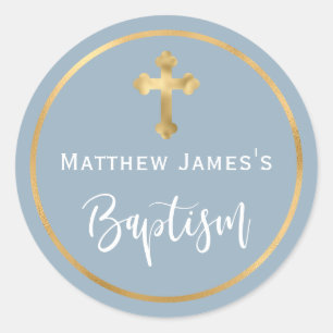 Modern Light Dusty Blue Gold Cross Boy Baptism  Classic Round Sticker
