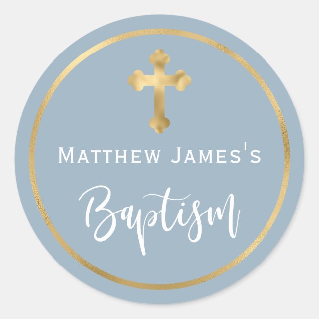 Modern Light Dusty Blue Gold Cross Boy Baptism  Classic Round Sticker (Front)