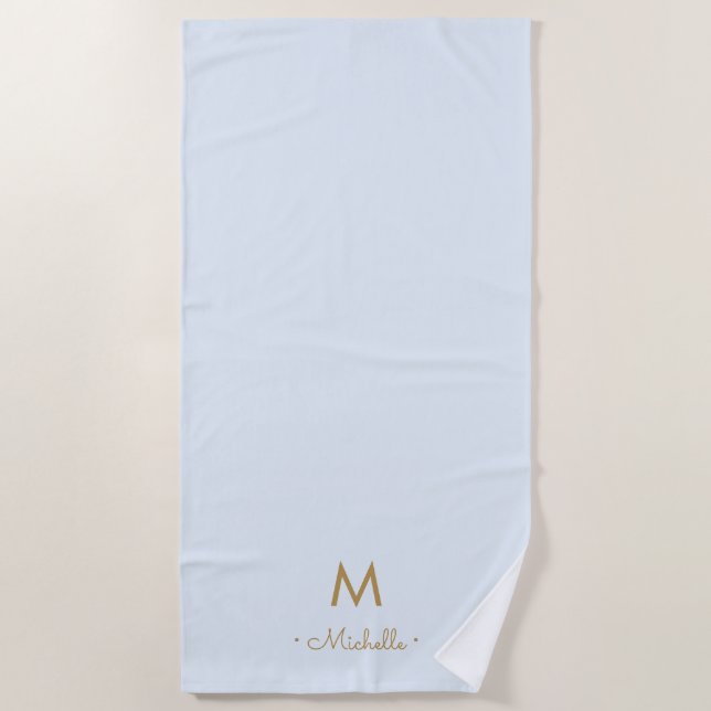 Modern Light Dusty Blue Gold Script Monogram Beach Towel (Front)