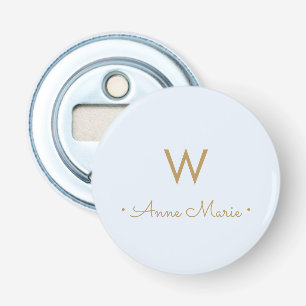 Modern Light Dusty Blue Gold Script Monogram Bottle Opener