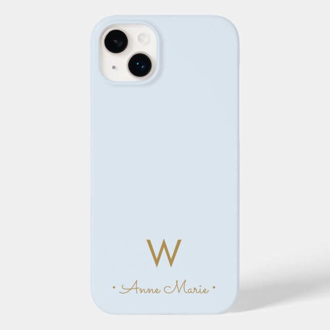 Modern Light Dusty Blue Gold Script Monogram Case-Mate iPhone Case (Back)