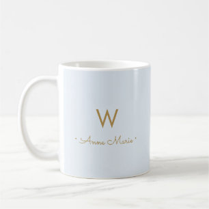 Modern Light Dusty Blue Gold Script Monogram Coffee Mug