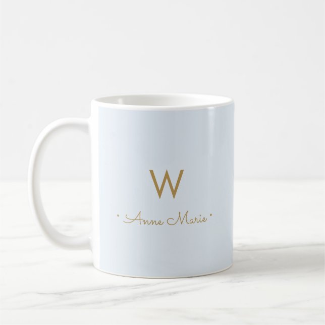 Modern Light Dusty Blue Gold Script Monogram Coffee Mug (Left)