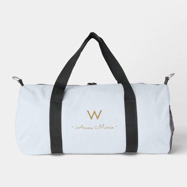 Modern Light Dusty Blue Gold Script Monogram Duffle Bag (Front)