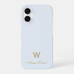 Modern Light Dusty Blue Gold Script Monogram iPhone 16 Case