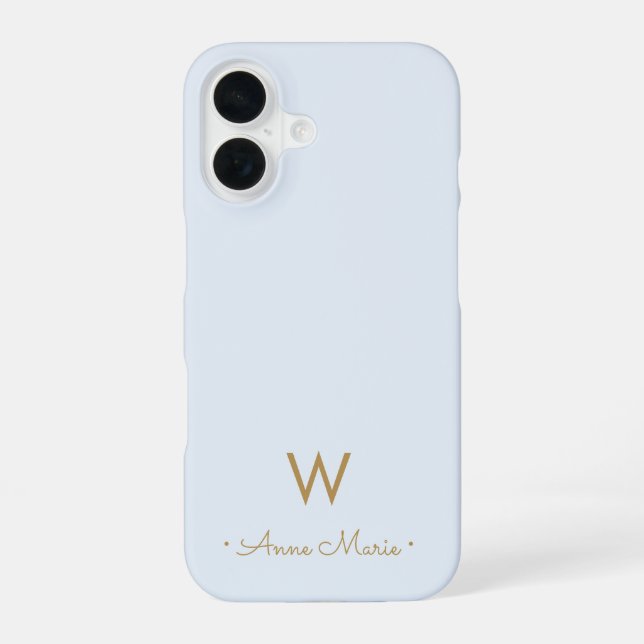 Modern Light Dusty Blue Gold Script Monogram iPhone 16 Case (Back)