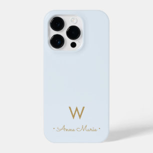 Modern Light Dusty Blue Gold Script Monogram iPhone 14 Pro Case