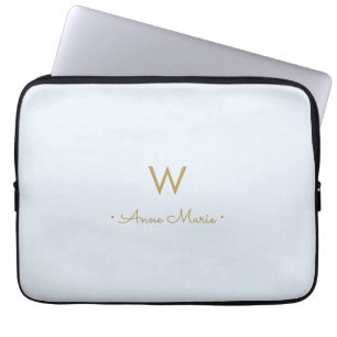 Modern Light Dusty Blue Gold Script Monogram Laptop Sleeve