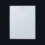 Modern Light Dusty Blue Gold Script Monogram Notepad<br><div class="desc">A modern,  elegant monogram design with gold handwritten minimalist script typography and sans serif block typography on an elegant pale pastel Light Dusty Blue background. The monogram and name can be easily personalised.</div>