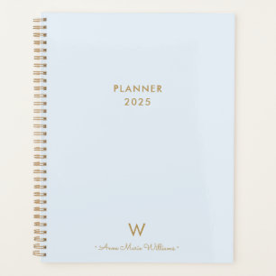 Modern Light Dusty Blue Gold Script Monogram Planner