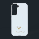 Modern Light Dusty Blue Gold Script Monogram Samsung Galaxy Case<br><div class="desc">A modern,  elegant monogram design with gold handwritten minimalist script typography and sans serif block typography on an elegant pale pastel Light Dusty Blue background. The monogram and name can be easily personalised.</div>