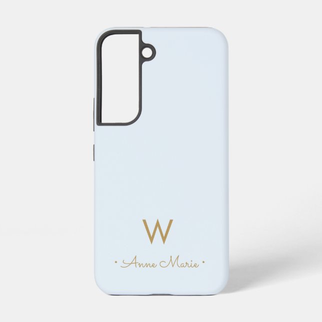 Modern Light Dusty Blue Gold Script Monogram Samsung Galaxy S22 Case (Back)