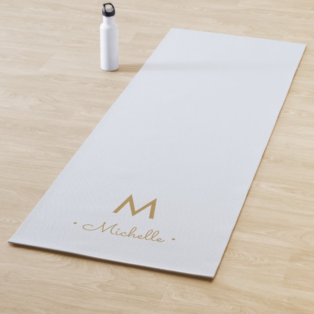 Modern Light Dusty Blue Gold Script Monogram Yoga Mat (In Situ)