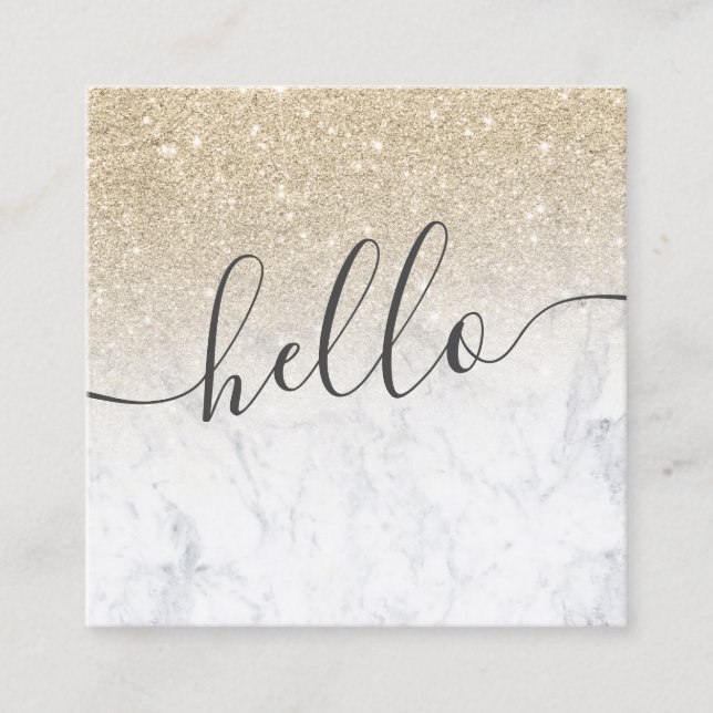 Modern light gold glitter ombre white marble hello square business card (Front)