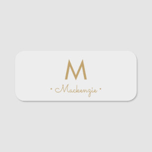 Modern Light Gray Gold Script Monogram Name Tag