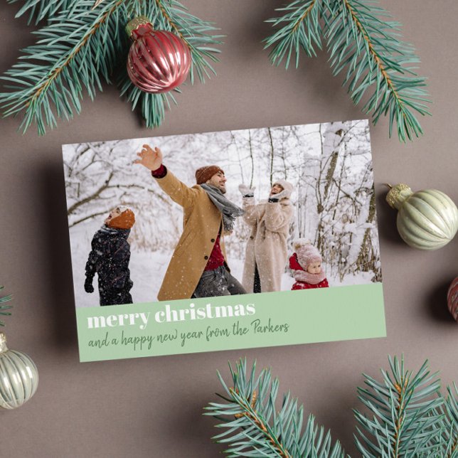 Modern Light Green Merry Christmas Wide Photo Holiday Card (Creator Uploaded)