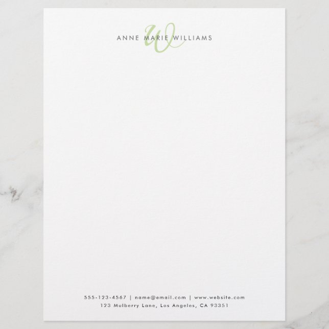 Modern Light Green Script Monogram Custom Letterhead (Front)