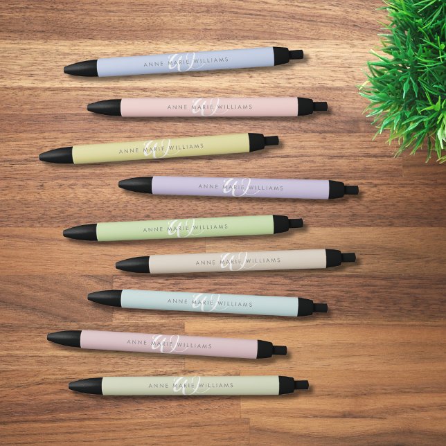 Modern Light Green White Script Monogram Black Ink Pen (Creator Uploaded)