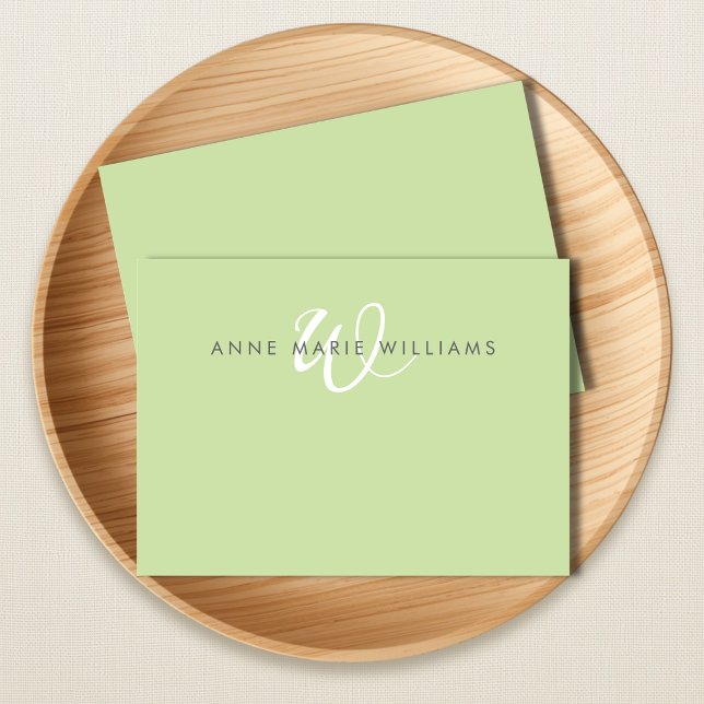 Modern Light Green White Script Monogram Card (Creator Uploaded)