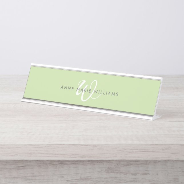Modern Light Green White Script Monogram Desk Name Plate (Front)