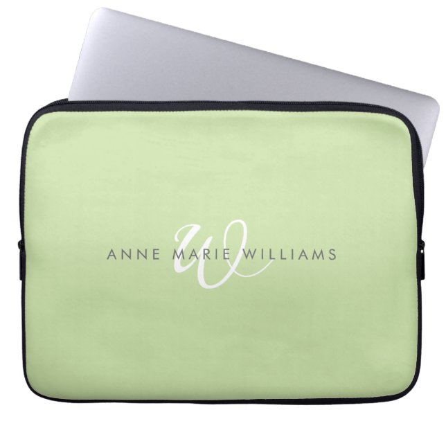 Modern Light Green White Script Monogram Laptop Sleeve (Front)